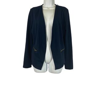 Kali Size Large Blazer Jacket Navy Blue Open Front Lace Gold Zipper Pocket
